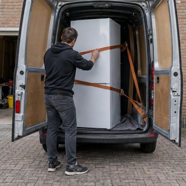 Een man zet een koelkast rechtop vast met spanbanden in de laadruimte van een bestelwagen.