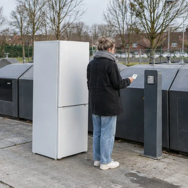 Een vrouw staat naast een koelkast bij een gemeentelijk inzamelterrein met gescheiden afvalcontainers.