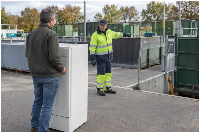 Inwoner toont een koelkast aan een medewerker bij een Nederlandse milieustraat