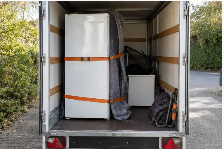 Rechtopstaande koelkast met spanbanden vastgezet in een laadruimte