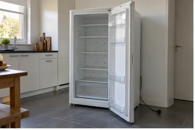 Lege en uitgeschakelde koelkast met open deur in een lichte keuken