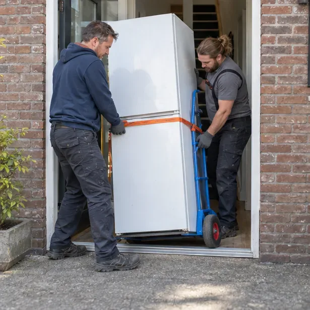 Twee personen verplaatsen een koelkast rechtop met een steekwagen