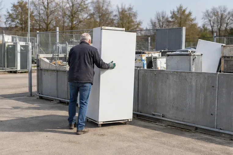 Een koelkast wordt naar een afgescheiden inzamelvak op een gemeentelijk milieubrengstation gebracht