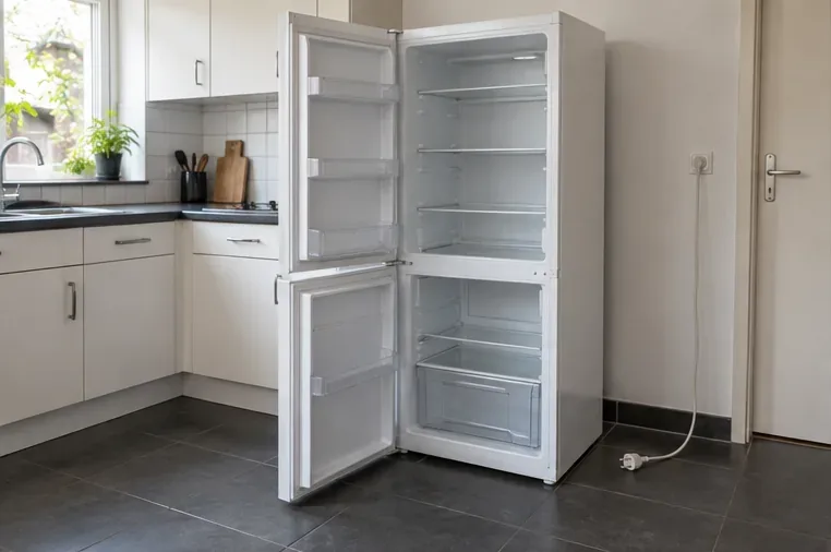 Een lege, uitgeschakelde koelkast staat met open deuren in een keuken en is klaar om te worden vervoerd