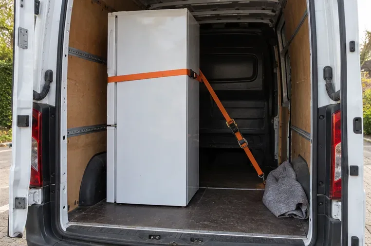 Een koelkast staat rechtop in een bestelbus en is met een spanband aan de wand vastgezet