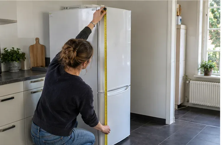 Een vrouw meet de hoogte van een koelkast met een rolmaat in een keuken