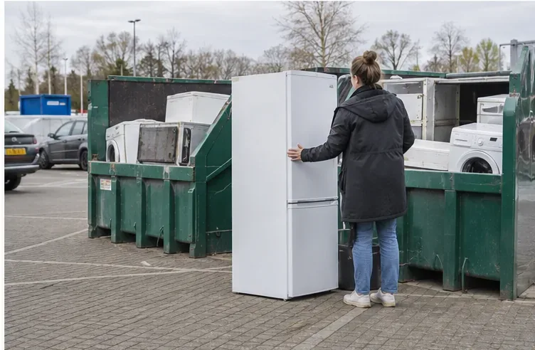Een vrouw staat met een koelkast bij containers voor grote apparaten op een milieustraat