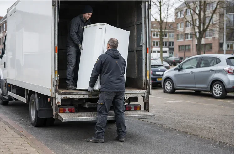 Twee bezorgers laden een oude koelkast in een neutrale bestelwagen voor recycling