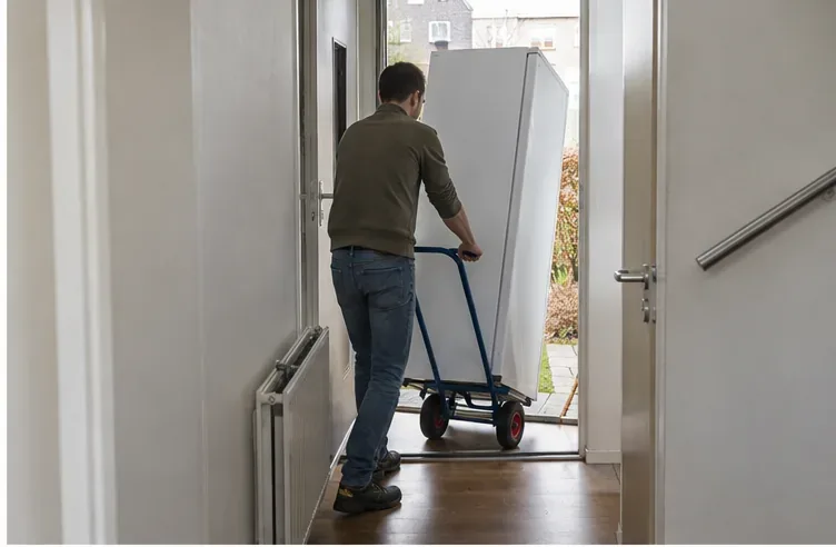 Een man verplaatst een lege koelkast rechtop met een steekwagen door een deuropening