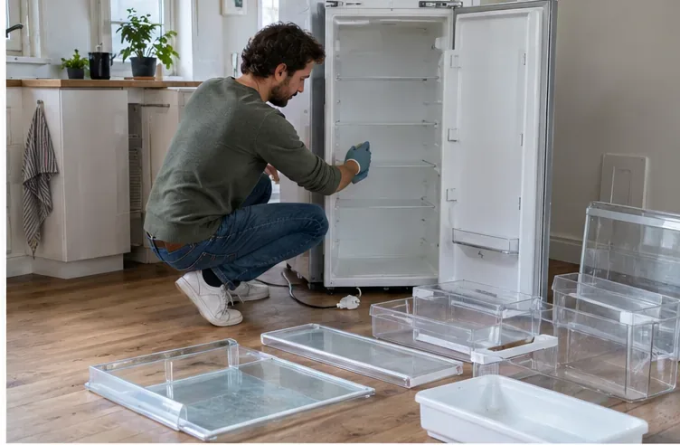 Een man maakt een lege, uitgeschakelde koelkast schoon terwijl plateaus en laden op de vloer liggen