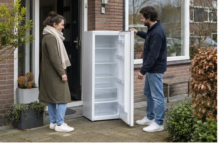 Een lege, schone koelkast wordt buiten een woning bekeken door twee volwassenen voor mogelijke hergebruik