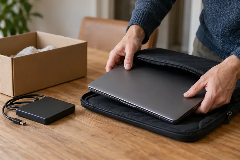 Handen leggen een gesloten laptop in een beschermhoes naast een externe schijf