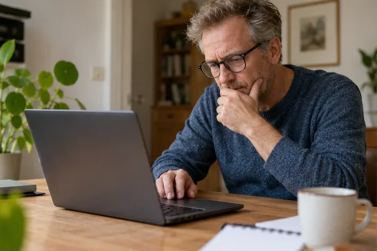 Een bewoner bekijkt een laptop aan een bureau om te beoordelen of het apparaat nog bruikbaar is