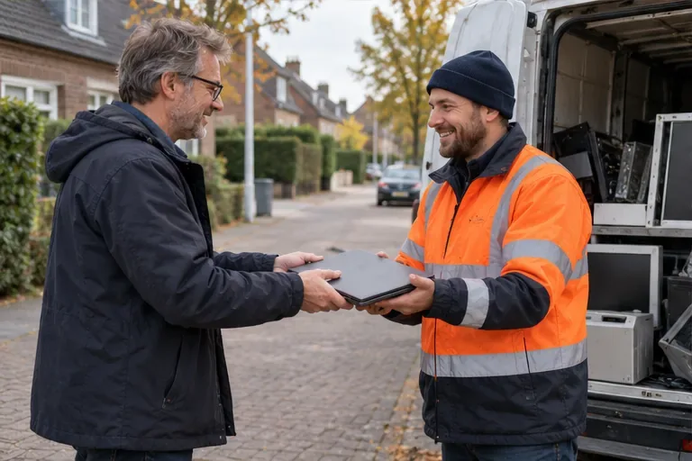 Een bewoner draagt een gesloten laptop over aan een medewerker bij een inzamelwagen in de wijk