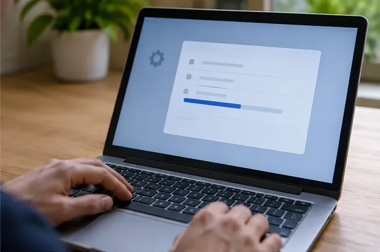 Laptop met een neutraal instellingenvenster en voortgangsbalk tijdens het voorbereiden van een reset