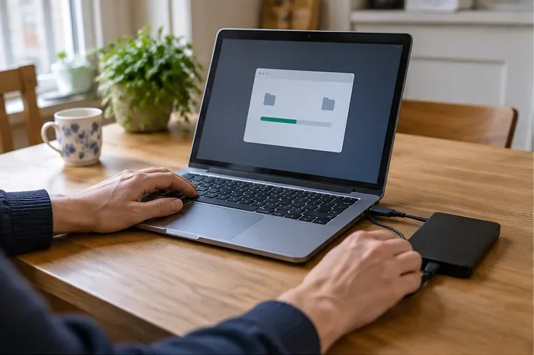 Een oude laptop op een tafel met een externe schijf aangesloten om bestanden veilig te kopiëren