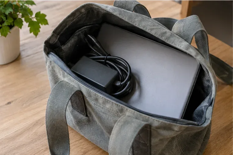 Een gesloten laptop en oplader stevig samen in een stoffen tas voor vervoer