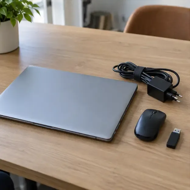 Een gesloten laptop ligt apart op een tafel naast de oplader, een muis en een USB-stick