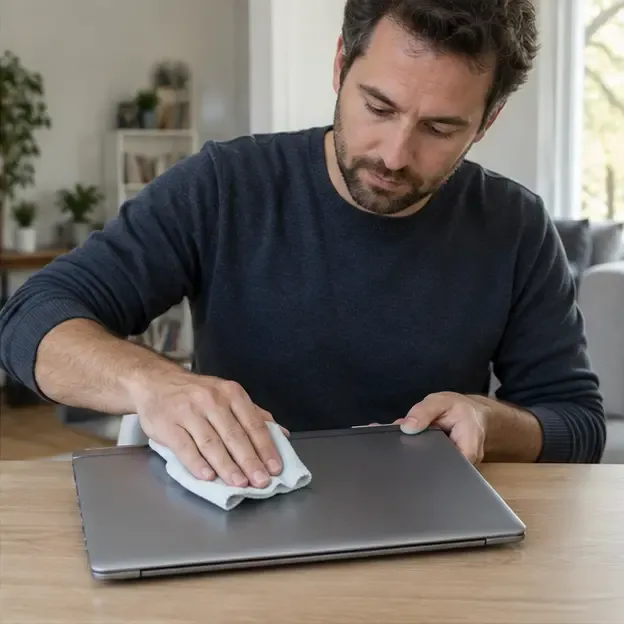 Een persoon maakt de gesloten behuizing van een oude laptop schoon voordat het apparaat wordt ingeleverd