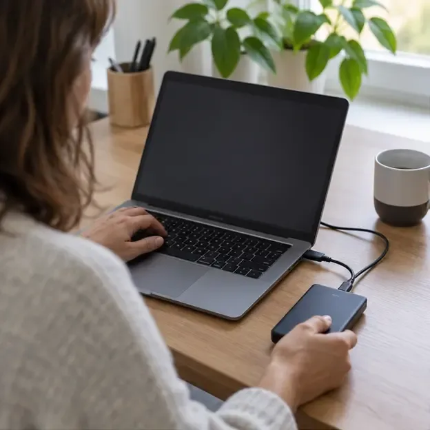 Een oude laptop maakt via een kabel een back-up naar een externe harde schijf op een bureau