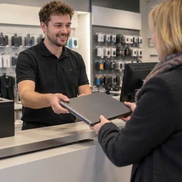 Een medewerker van een elektronicawinkel neemt aan de balie een gesloten laptop aan van een klant.