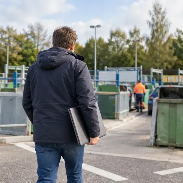 Een persoon loopt met een gesloten laptop onder de arm richting een terrein met containers voor gescheiden afval.