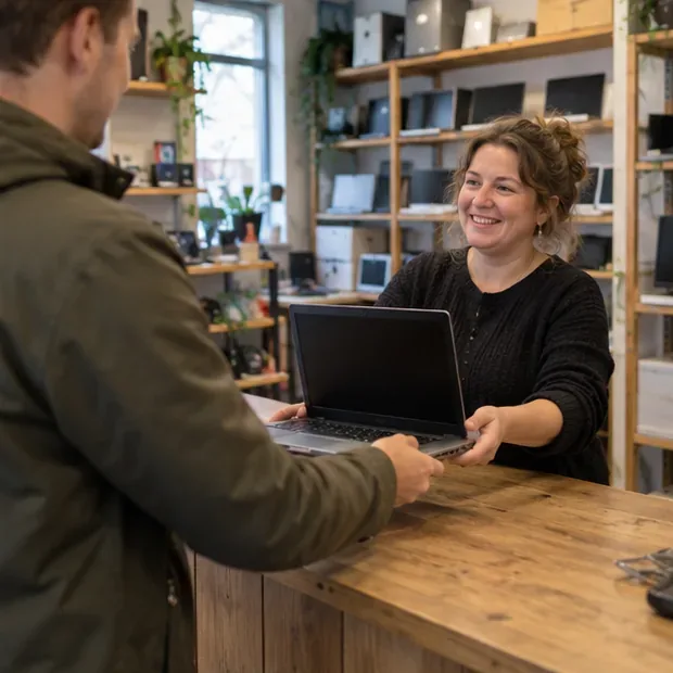 Een medewerker in een tweedehands elektronicawinkel overhandigt een geopende laptop aan een bezoeker.