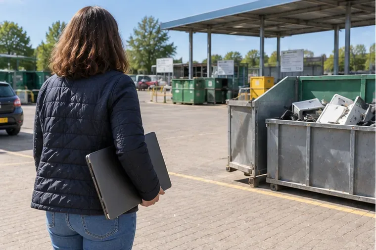 Een inwoner loopt met een oude laptop naar een terrein met containers voor elektrische apparaten