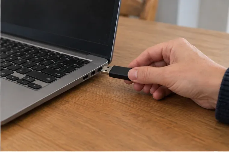 Een hand haalt een USB-stick uit de zijkant van een oude laptop