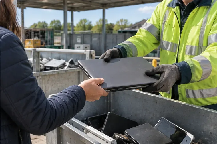 Een medewerker met veiligheidshandschoenen neemt een oude laptop aan bij een inzamelcontainer voor elektronica