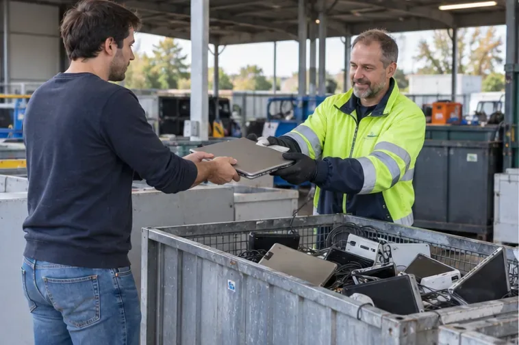 Een bezoeker geeft een oude laptop bij een recyclinglocatie aan een medewerker in veiligheidskleding