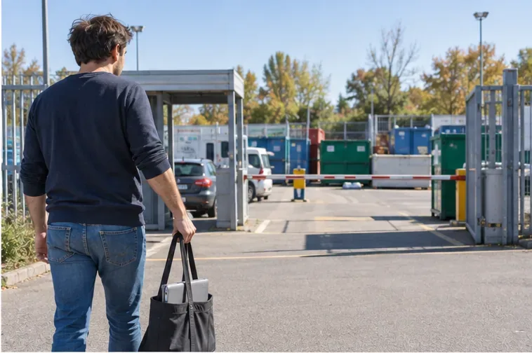 Een man loopt met een oude laptop in een tas richting de ingang van een milieustraat