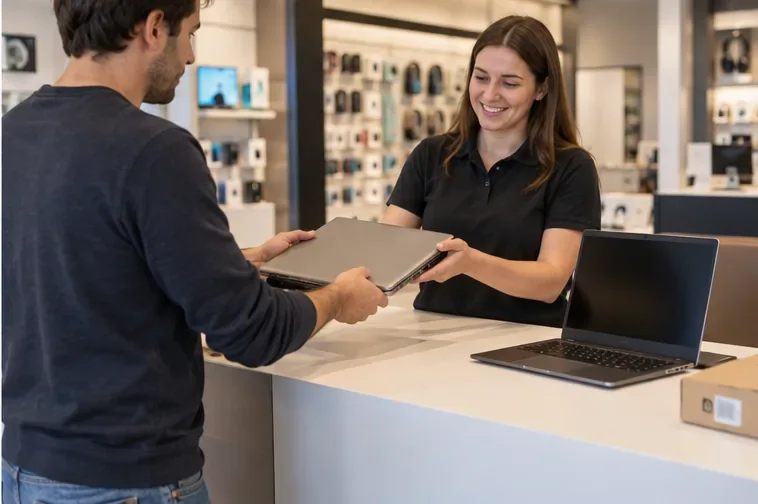 Een klant geeft een gesloten oude laptop af aan een medewerker bij de balie van een elektronicawinkel
