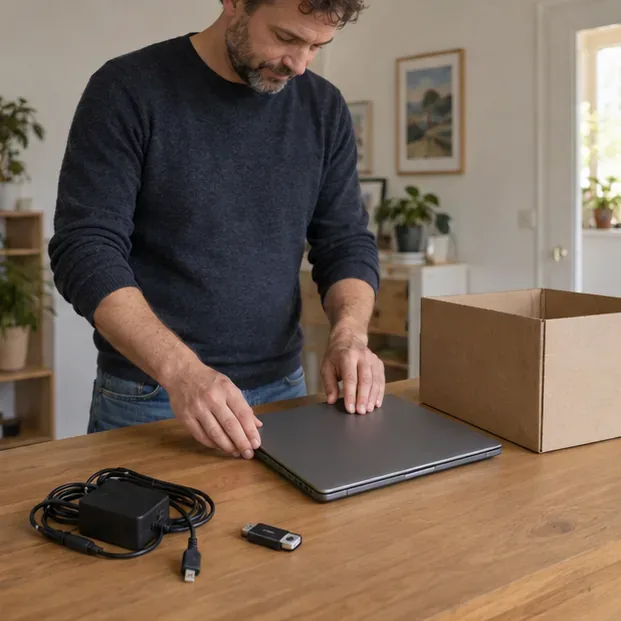 Een man legt een gesloten laptop met oplader en losse USB-stick klaar voor inlevering