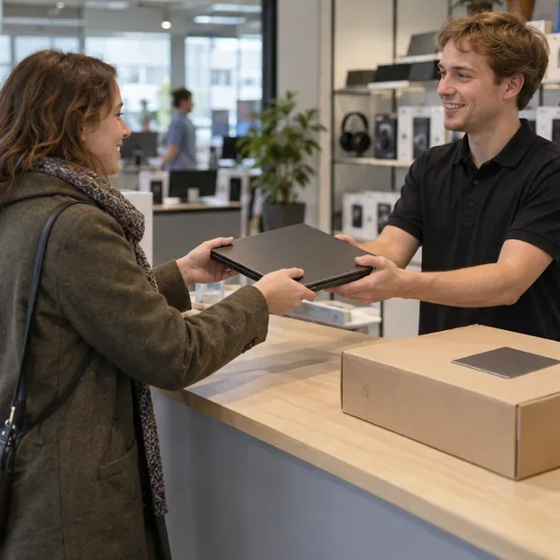 Een klant overhandigt een oude laptop aan een medewerker in een elektronicawinkel