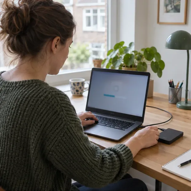 Een bewoner maakt aan een bureau een back-up van een laptop op een externe schijf