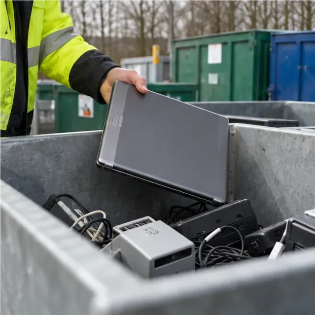 Medewerker van een milieustraat plaatst een gesloten oude laptop voorzichtig bij andere elektrische apparaten