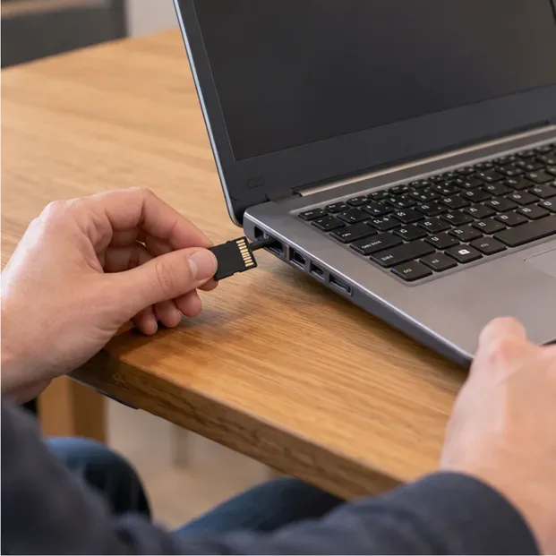 Hand die een geheugenkaart uit een oude laptop verwijdert voordat het apparaat wordt ingeleverd