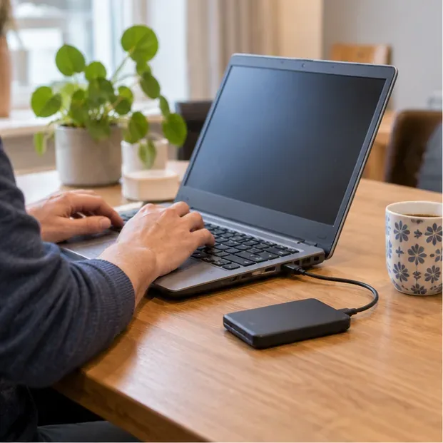Oude laptop op een houten tafel terwijl bestanden naar een externe schijf worden gekopieerd