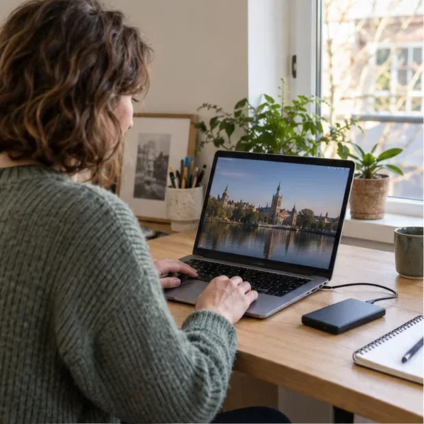 Een persoon controleert een geopende laptop aan een bureau, met een externe schijf ernaast.