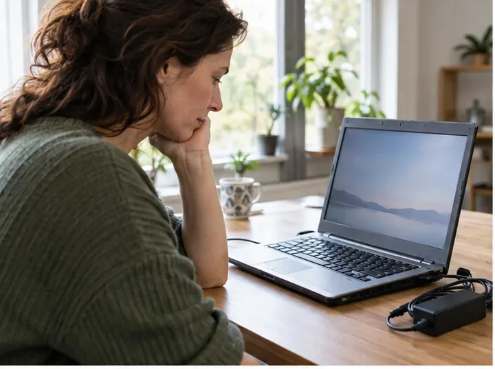 Een inwoner bekijkt een oude laptop met oplader op een bureau voordat zij beslist of het apparaat nog bruikbaar is.