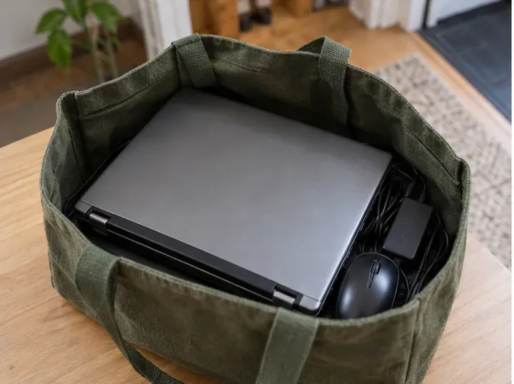 Een gesloten laptop met oplader en muis ligt in een stevige stoffen tas, klaar om naar een inzamelpunt te worden gebracht.