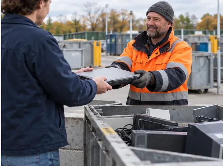 Een inwoner overhandigt een laptop aan een medewerker bij een recyclingcentrum met containers op de achtergrond.