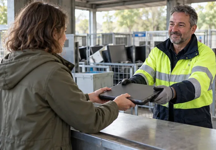 Een bezoeker overhandigt een laptop aan een medewerker bij een inzamelbalie voor elektronica.