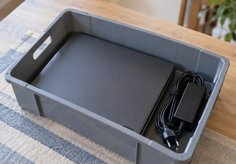 Een gesloten laptop en de losse oplader liggen samen klaar om veilig naar een inzamelpunt te brengen.