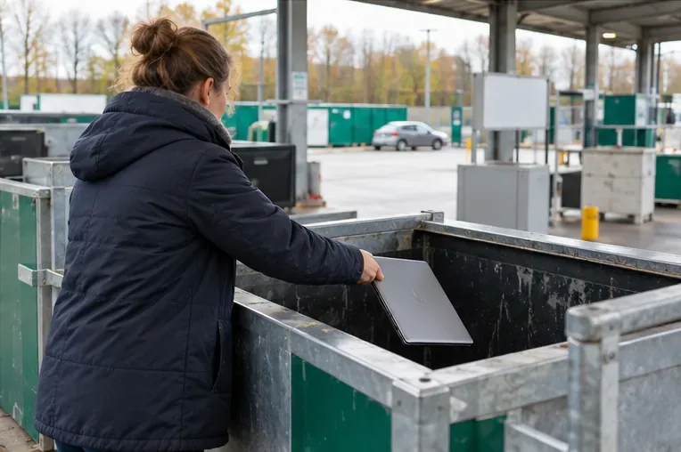 Een bezoeker brengt een gesloten laptop naar een afgescheiden inzamelvak op een gemeentelijk afvalterrein.