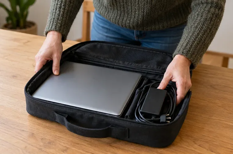 Een gesloten laptop en oplader liggen samen in een draagtas, klaar om naar een inzamelpunt te worden gebracht.