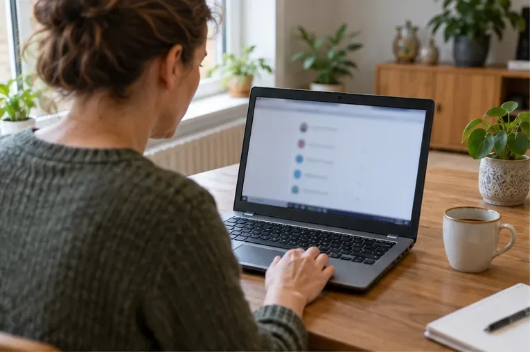 Een gebruiker zit thuis achter een laptop en bereidt het apparaat voor op overdracht.