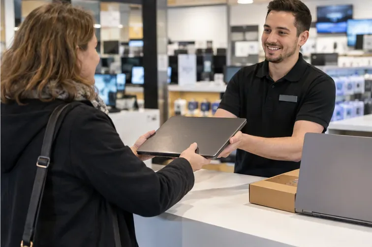Klant geeft een oude gesloten laptop af aan een medewerker aan de balie van een elektronicawinkel