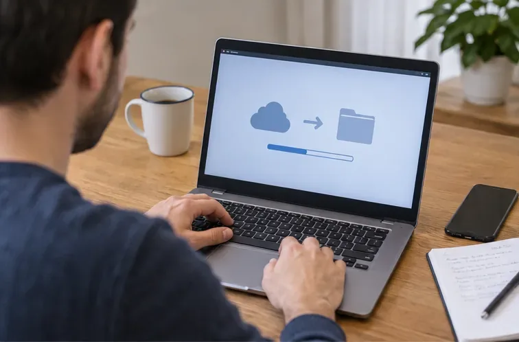 Persoon maakt thuis een back-up van bestanden op een laptop voordat het apparaat wordt ingeleverd